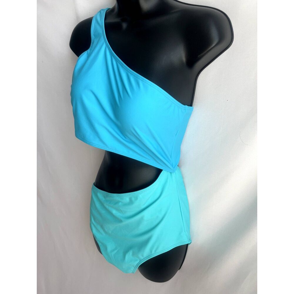 Yonique NWT One Piece Swimsuit One Shoulder Cutout Monokini Blue Turquoise sz L - Picture 4 of 12